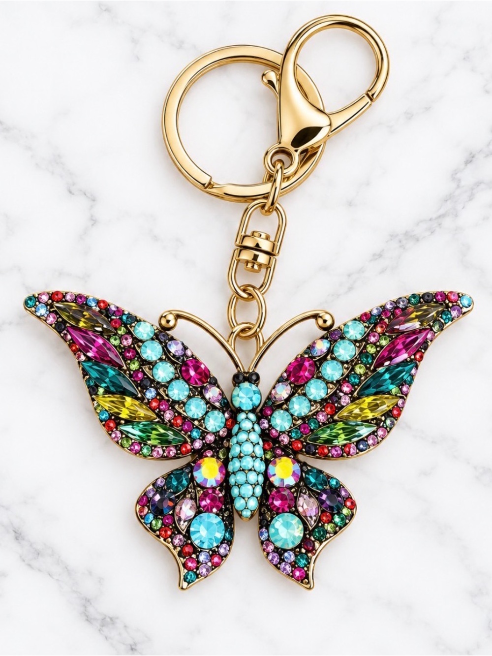 Multicolor Rhinestone Butterfly Bag Charm/Keyring - Gold Hardware